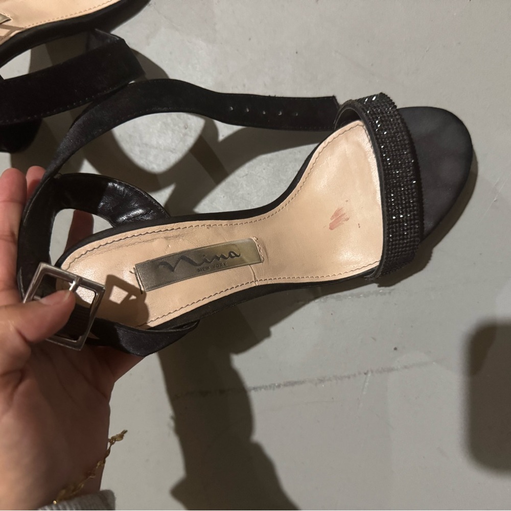 Nina New York Women’s Evening Black Shoes Block Heel , Stones On Strap